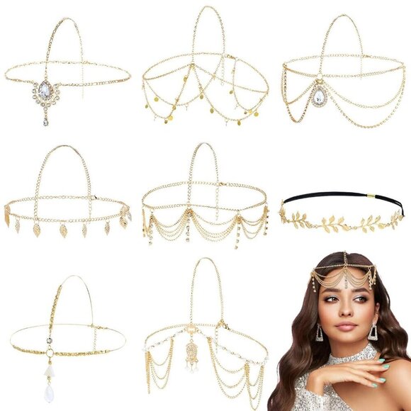 Accessories - 8PCS Gold Head Chains with Rhinestones Pearls Coins Prom Wedding Jewelry